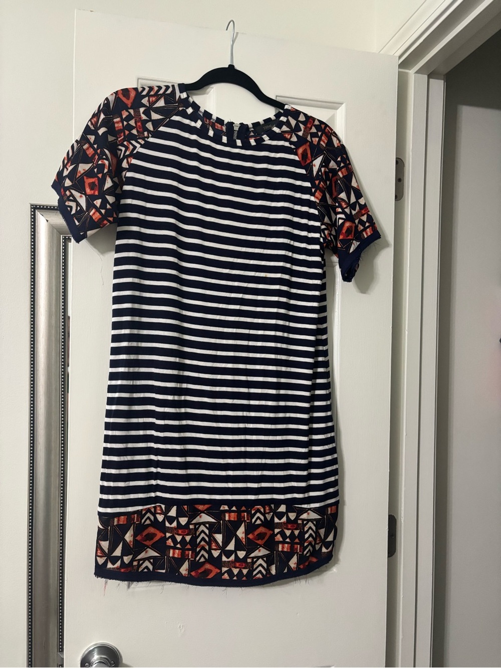 THML Navy and White Striped Mini Dress with Orange Geometric Trim